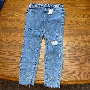 NEW High Rise Skinny Acid Washed Destroyed Hem Jeans Frayed 15 32